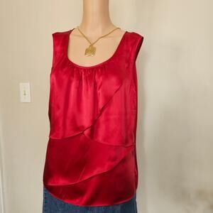 Talbots 100% Silk waterfall Ruffle Sleeveless Blouse | Berry Red Tank Size L